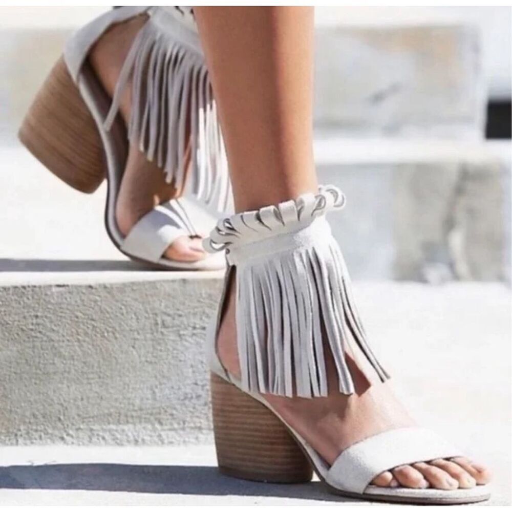 Free People White Fringe Block Heel Sandals